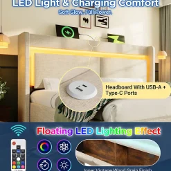 Okwish Lit Coffre 160x200 cm - Lit Double Rembourré avec LED et USB, Niche de Rangement, sans Matelas, en Lin Beige* Lit Coffre
