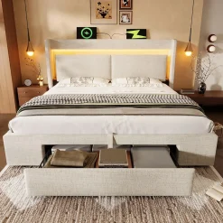 Okwish Lit Coffre 160x200 cm - Lit Double Rembourré avec LED et USB, Niche de Rangement, sans Matelas, en Lin Beige* Lit Coffre