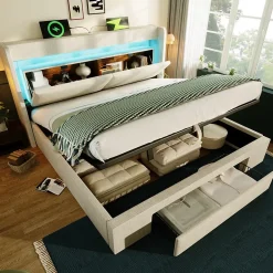 Okwish Lit Coffre 160x200 cm - Lit Double Rembourré avec LED et USB, Niche de Rangement, sans Matelas, en Lin Beige* Lit Coffre