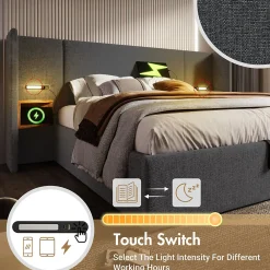 Lit coffre 180x200 cm - Lit double capitonné avec table de chevet et lampe de lecture - Lin - Sans Matelas - Gris><noscript><img width=