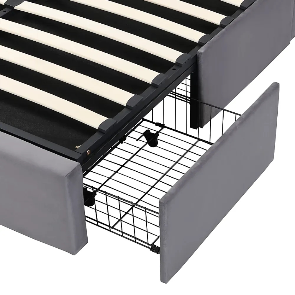 Okwish Lit coffre 140x190 cm - lit double capitonné élégant en velours avec 3 tiroirs et rangement hydraulique - gris - sans matelas* Lit Coffre