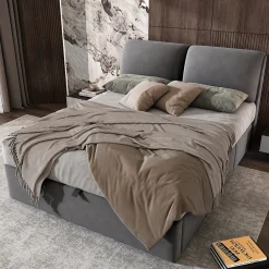 Okwish Lit coffre 140x190 cm - lit double capitonné élégant en velours avec 3 tiroirs et rangement hydraulique - gris - sans matelas* Lit Coffre