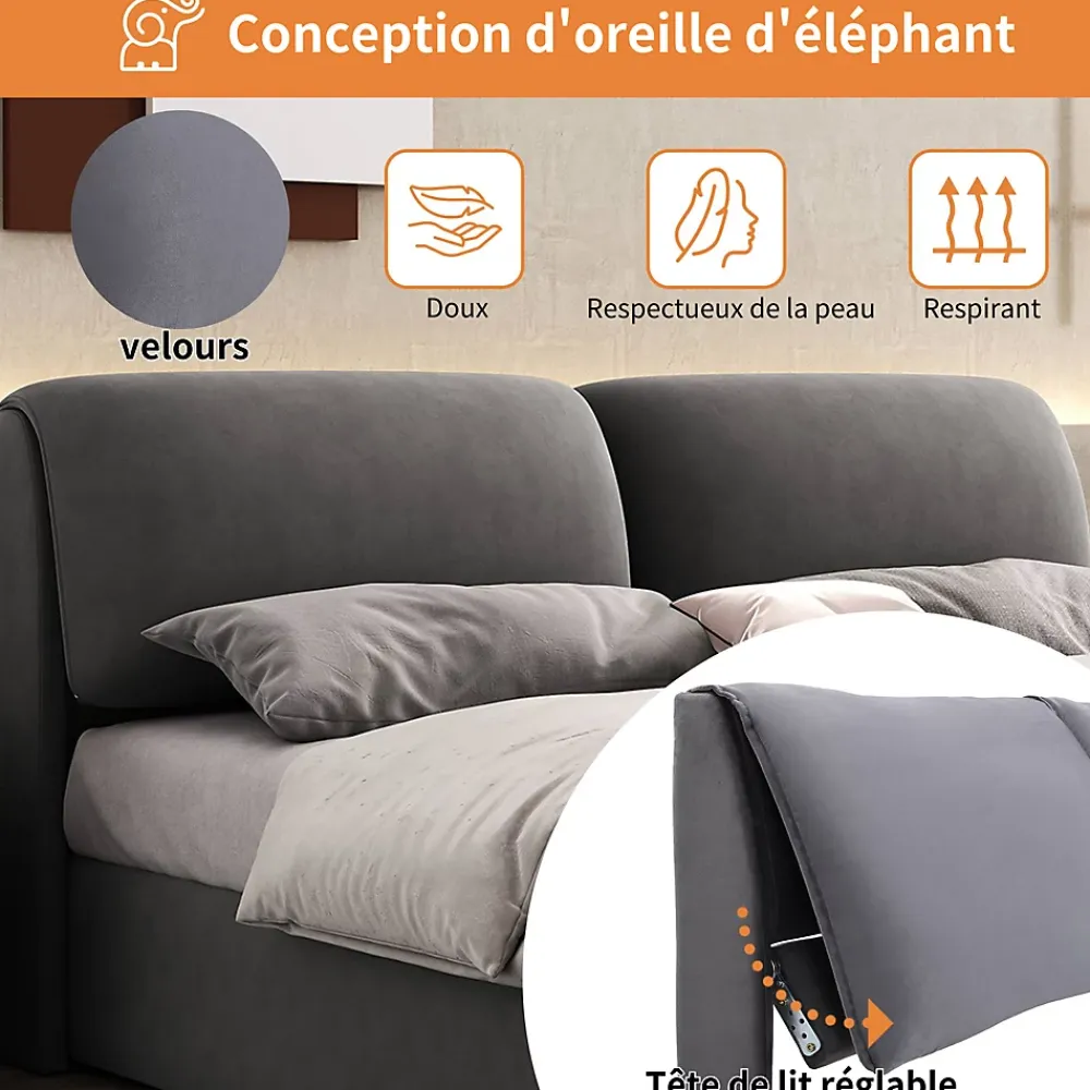 Okwish Lit coffre 140x190 cm - lit double capitonné élégant en velours avec 3 tiroirs et rangement hydraulique - gris - sans matelas* Lit Coffre