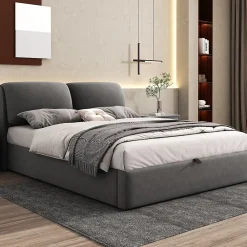 Okwish Lit coffre 140x190 cm - lit double capitonné élégant en velours avec 3 tiroirs et rangement hydraulique - gris - sans matelas* Lit Coffre