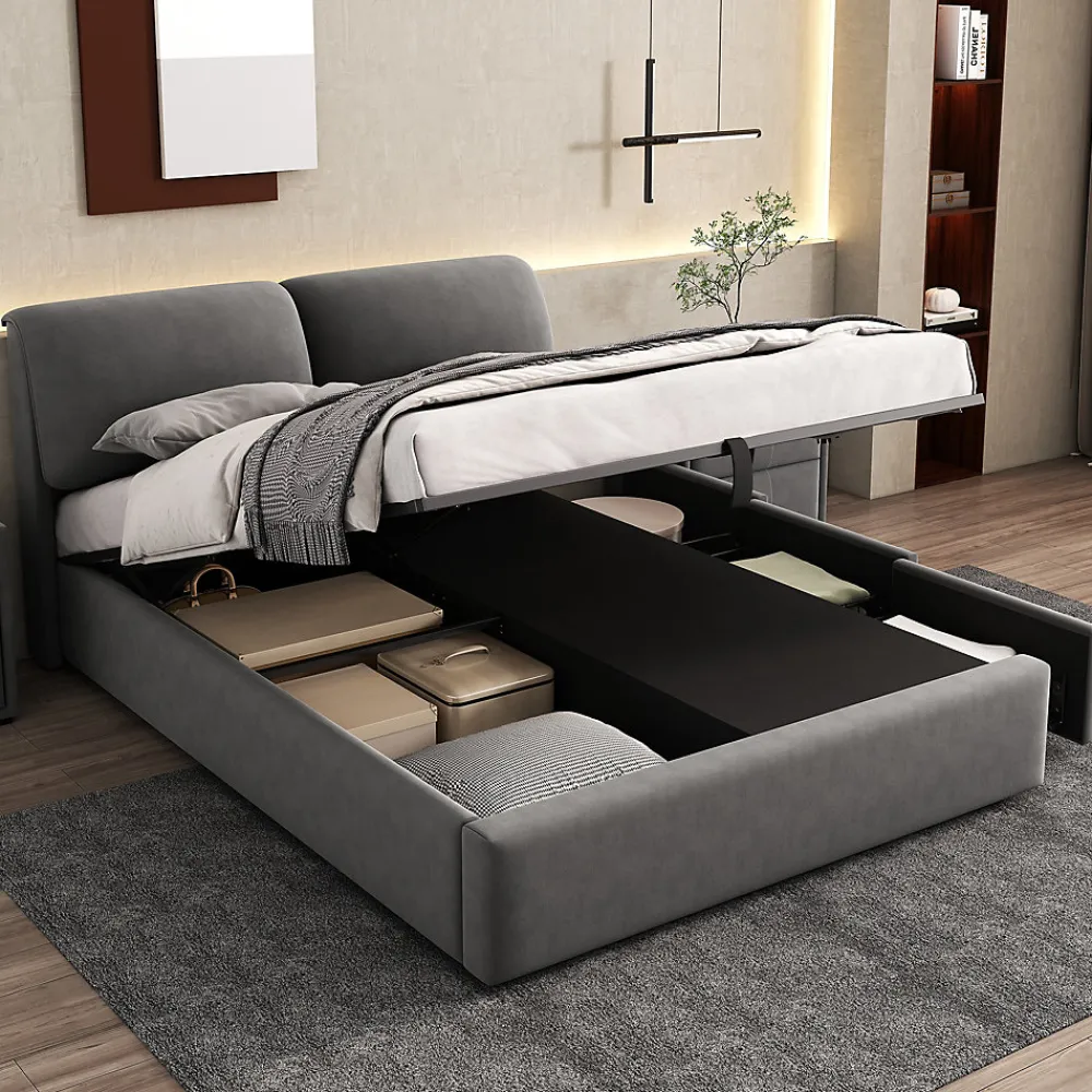 Okwish Lit coffre 140x190 cm - lit double capitonné élégant en velours avec 3 tiroirs et rangement hydraulique - gris - sans matelas* Lit Coffre