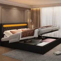 Okwish Lit coffre 140x200 cm - Lit double avec coffre de rangement et éclairage LED - Lit capitonné en cuir PU - Sans matelas - Noir* Lit Coffre