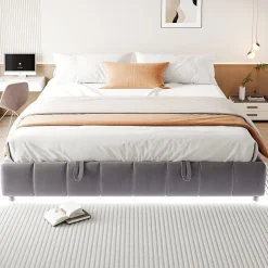 Lit Coffre 180x200 cm - Lit Double avec Éclairage LED, design Moderne et Espace de Rangement - Sans Matelas, Velours Gris><noscript><img width=