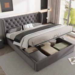 Lit coffre 140x190 cm - Lit double avec sommier à lattes et coffre hydraulique - Capitonné Velours - Sans Matelas - Gris>Okwish Hot