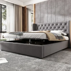Lit coffre 140x190 cm - Lit double avec sommier à lattes et coffre hydraulique - Capitonné Velours - Sans Matelas - Gris>Okwish Hot
