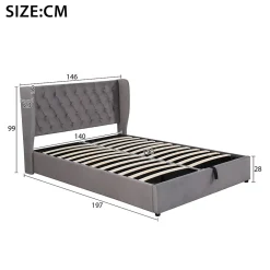 Lit coffre 140x190 cm - Lit double avec sommier à lattes et coffre hydraulique - Capitonné Velours - Sans Matelas - Gris><noscript><img width=