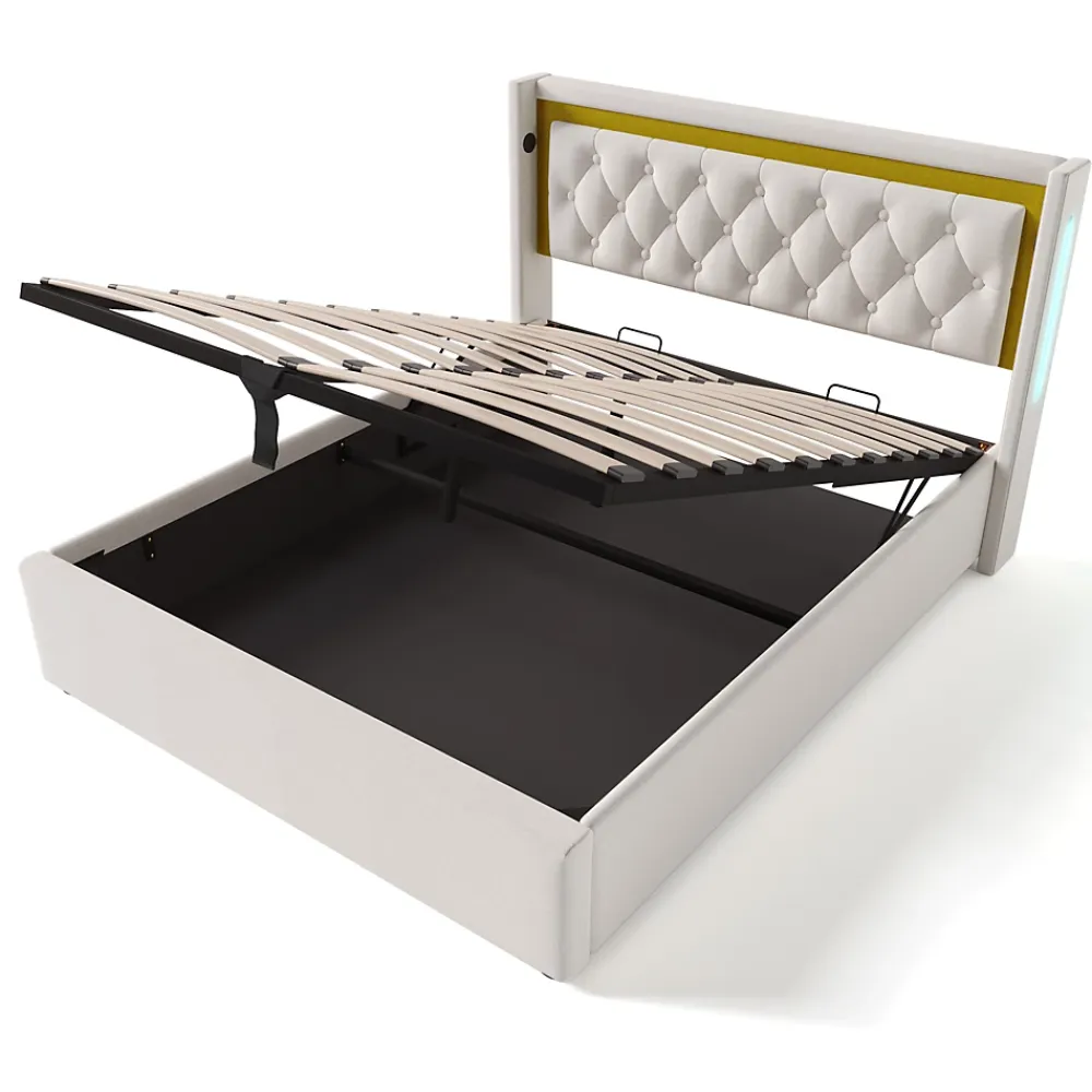 Okwish Lit coffre 160x200 cm - Lit double avec USB Type C et LED - Coton - Sans Matelas - Beige* Lit Coffre