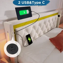 Okwish Lit coffre 160x200 cm - Lit double avec USB Type C et LED - Coton - Sans Matelas - Beige* Lit Coffre