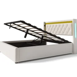 Okwish Lit coffre 160x200 cm - Lit double avec USB Type C et LED - Coton - Sans Matelas - Beige* Lit Coffre