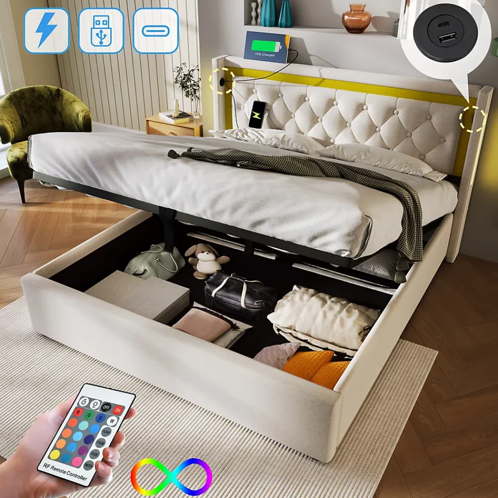 Okwish Lit coffre 160x200 cm - Lit double avec USB Type C et LED - Coton - Sans Matelas - Beige* Lit Coffre