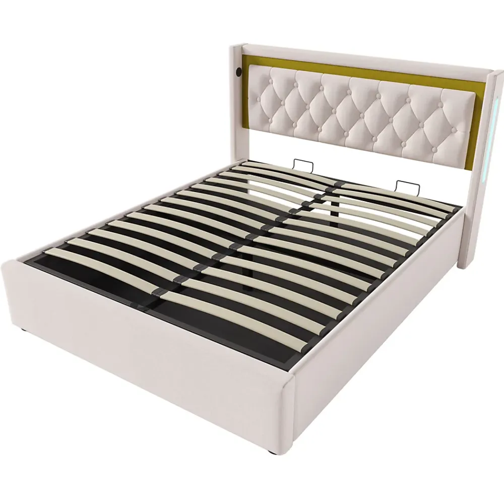 Okwish Lit coffre 160x200 cm - Lit double avec USB Type C et LED - Coton - Sans Matelas - Beige* Lit Coffre
