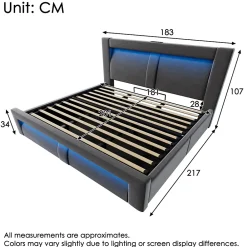 Okwish Lit Coffre 180x200 cm - Lit Double Capitonné avec LED Contrôlée par Application, Ports USB/Type-C - Sans Matelas - Gris* Lit Coffre