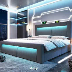 Okwish Lit Coffre 180x200 cm - Lit Double Capitonné avec LED Contrôlée par Application, Ports USB/Type-C - Sans Matelas - Gris* Lit Coffre