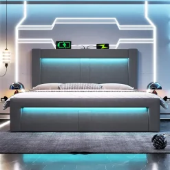 Okwish Lit Coffre 180x200 cm - Lit Double Capitonné avec LED Contrôlée par Application, Ports USB/Type-C - Sans Matelas - Gris* Lit Coffre