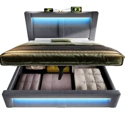 Okwish Lit Coffre 180x200 cm - Lit Double Capitonné avec LED Contrôlée par Application, Ports USB/Type-C - Sans Matelas - Gris* Lit Coffre