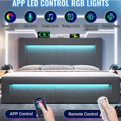 Okwish Lit Coffre 180x200 cm - Lit Double Capitonné avec LED Contrôlée par Application, Ports USB/Type-C - Sans Matelas - Gris* Lit Coffre