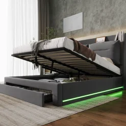 Lit coffre 140x190 cm - Lit Double Capitonné avec Tiroirs et Éclairage LED - Velours - Sans Matelas - Gris><noscript><img width=
