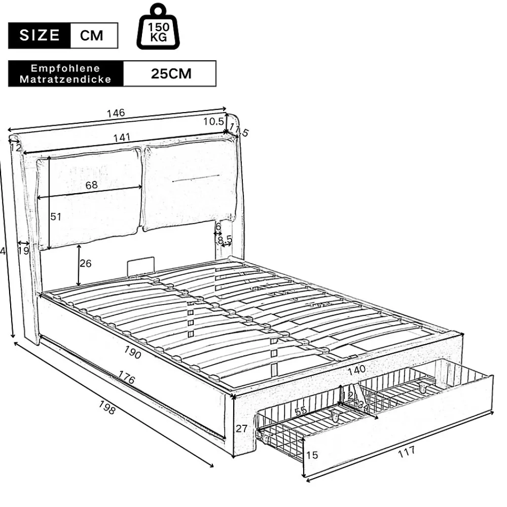 Lit coffre 140x190 cm - Lit Double Capitonné avec Tiroirs et Éclairage LED - Velours - Sans Matelas - Gris>Okwish New