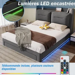 Lit coffre 140x190 cm - Lit Double Capitonné avec Tiroirs et Éclairage LED - Velours - Sans Matelas - Gris><noscript><img width=