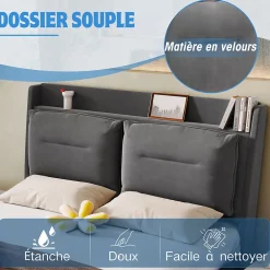Lit coffre 140x190 cm - Lit Double Capitonné avec Tiroirs et Éclairage LED - Velours - Sans Matelas - Gris><noscript><img width=