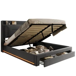 Lit coffre 140x190 cm - Lit Double Capitonné avec Tiroirs et Éclairage LED - Velours - Sans Matelas - Gris><noscript><img width=