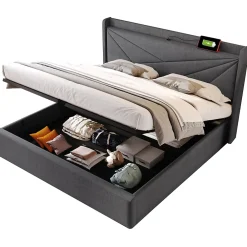Okwish Lit Coffre 140x200 Cm - Lit Double avec Sommier à Lattes et USB Type C - Coton Bois Métal - Sans Matelas - Gris* Lit Coffre