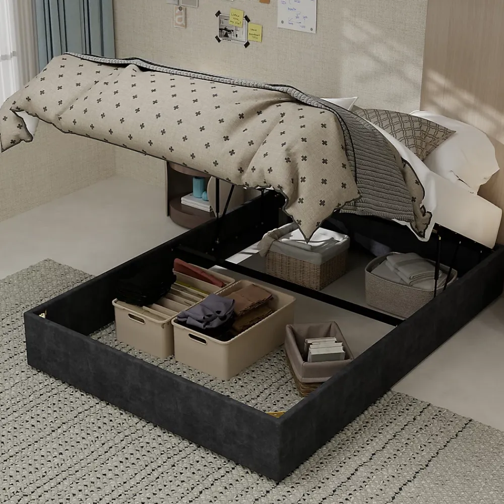 Okwish Lit Coffre 140x200 cm - Lit Double pour Adulte/Ado avec Système Hydraulique, Sans Matelas, en Velours Hollandais Gris* Lit Coffre