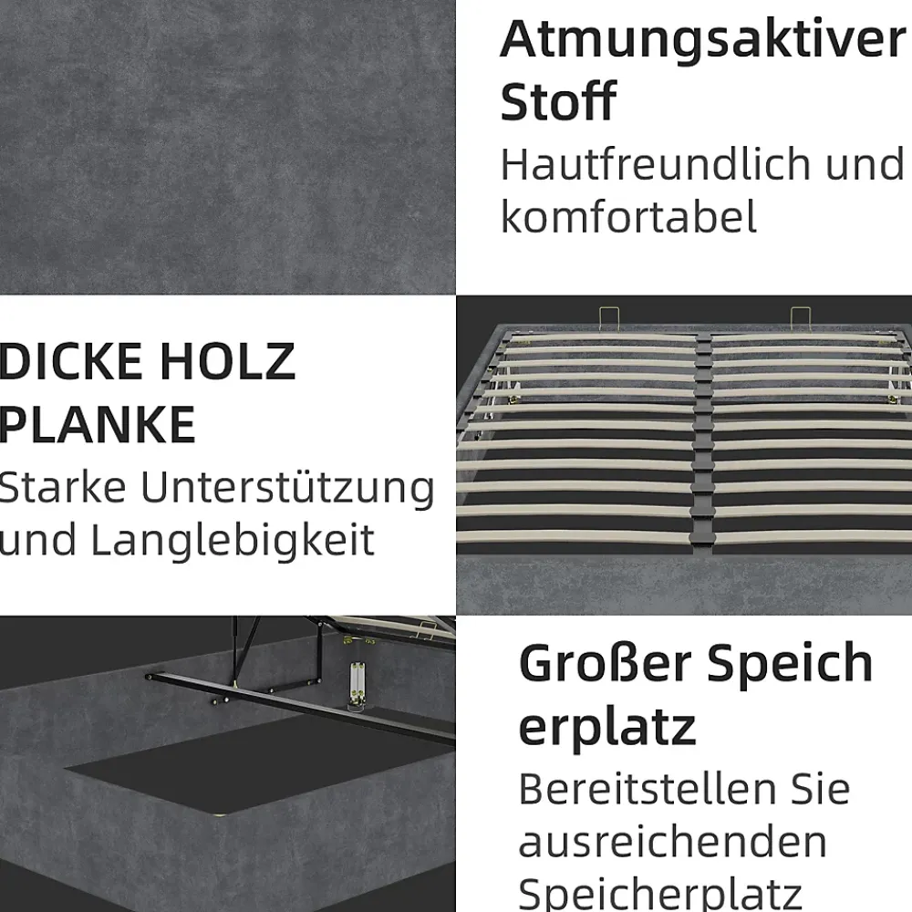 Okwish Lit Coffre 140x200 cm - Lit Double pour Adulte/Ado avec Système Hydraulique, Sans Matelas, en Velours Hollandais Gris* Lit Coffre