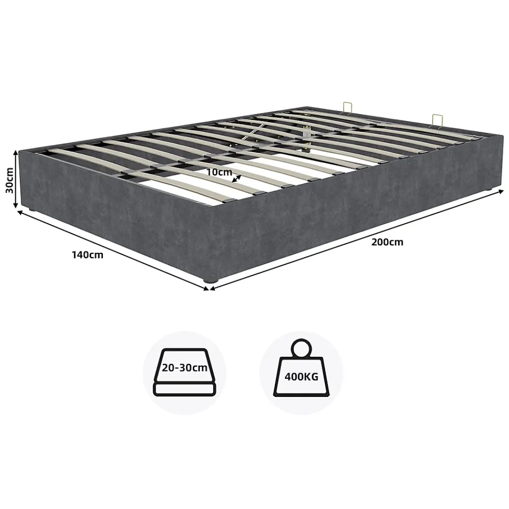 Okwish Lit Coffre 140x200 cm - Lit Double pour Adulte/Ado avec Système Hydraulique, Sans Matelas, en Velours Hollandais Gris* Lit Coffre