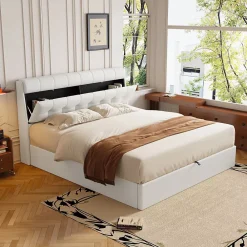 Okwish Lit Coffre 140x200 cm - Lit Double Capitonné avec Tête de Lit et Rangement Caché - PU - Sans Matelas - Blanc* Lit Coffre