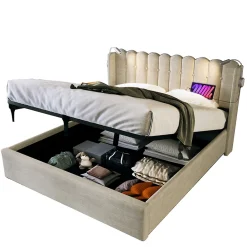 Okwish Lit Coffre 160x200 Cm - Lit Double avec Lampe de Lecture et Ports USB - Lin - Sans Matelas - Beige* Lit Coffre