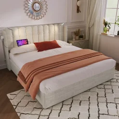 Okwish Lit Coffre 160x200 Cm - Lit Double avec Lampe de Lecture et Ports USB - Lin - Sans Matelas - Beige* Lit Coffre