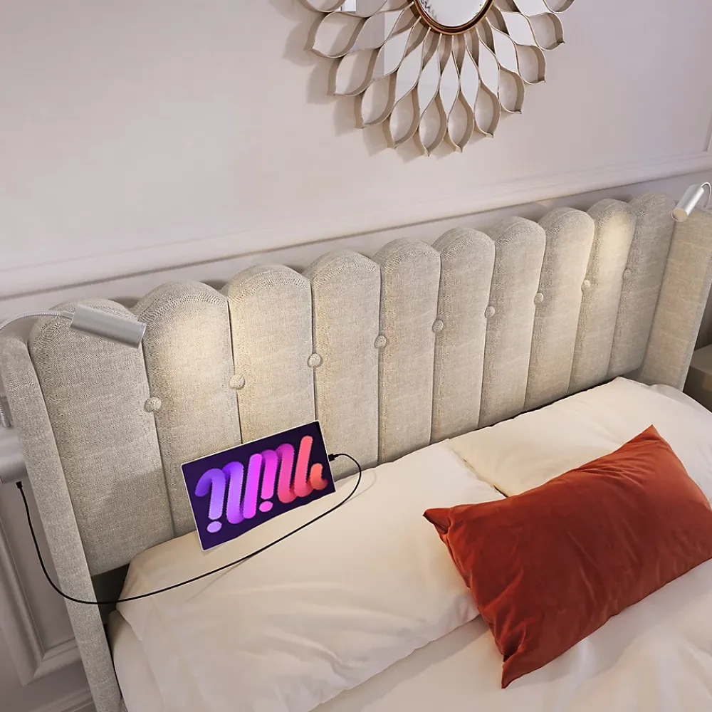 Okwish Lit Coffre 160x200 Cm - Lit Double avec Lampe de Lecture et Ports USB - Lin - Sans Matelas - Beige* Lit Coffre