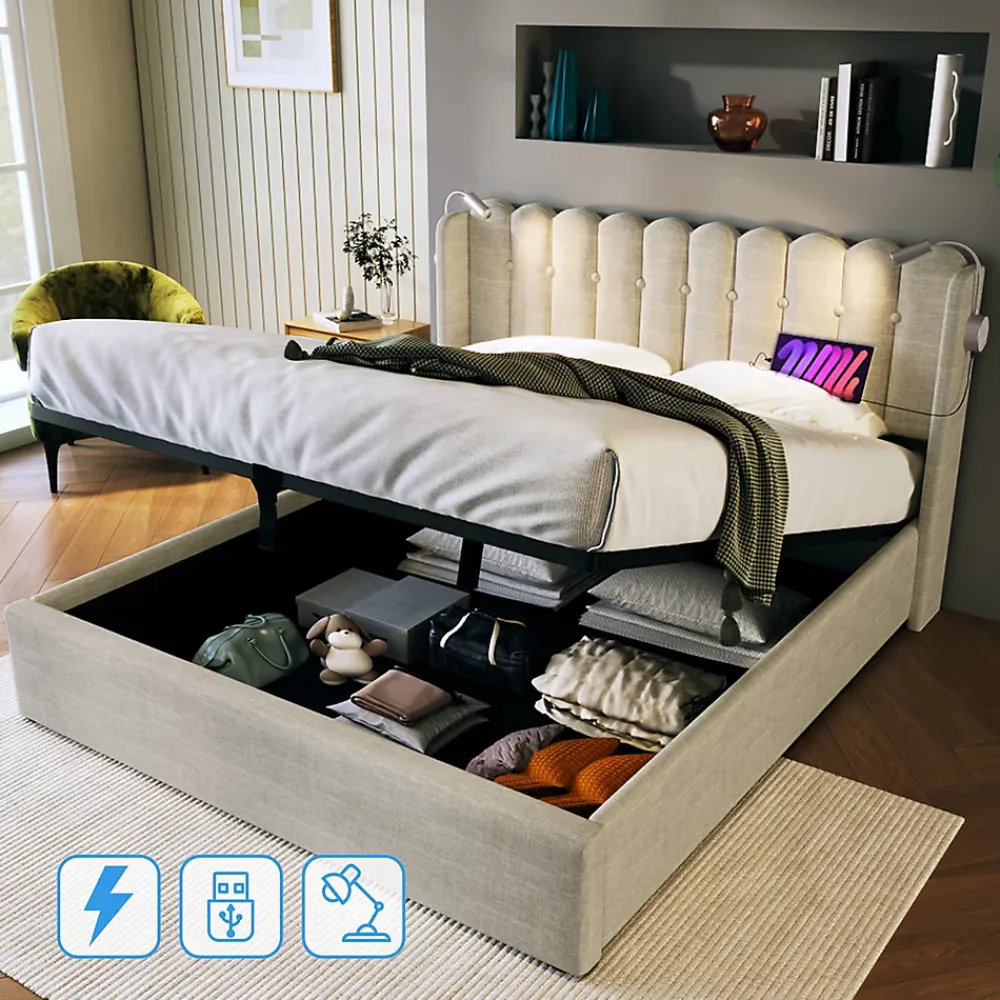 Okwish Lit Coffre 160x200 Cm - Lit Double avec Lampe de Lecture et Ports USB - Lin - Sans Matelas - Beige* Lit Coffre