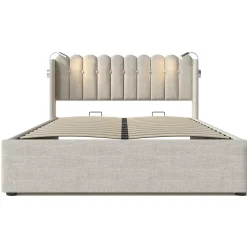 Okwish Lit Coffre 160x200 Cm - Lit Double avec Lampe de Lecture et Ports USB - Lin - Sans Matelas - Beige* Lit Coffre