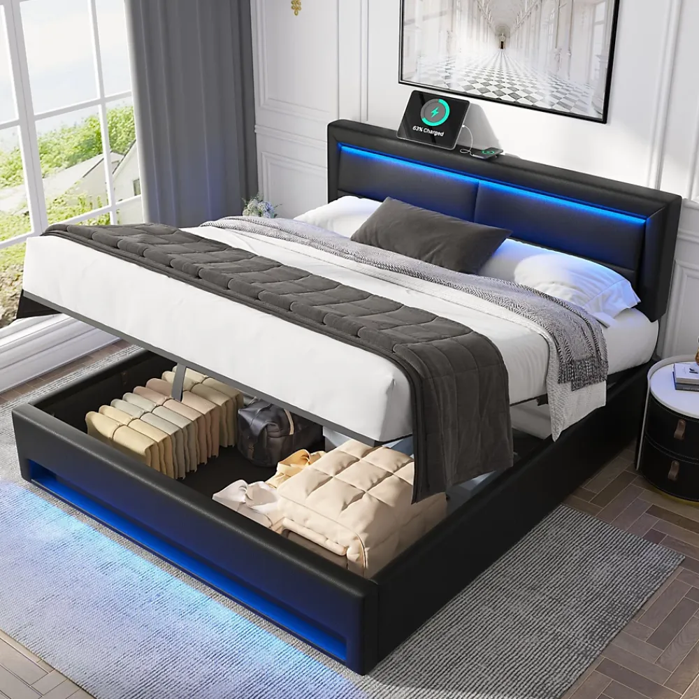Generique Lit Coffre 140x200 cm - Lit Double Capitonné avec Port USB et Éclairage LED - Similicuir - Noir - Sans Matelas* Lit Coffre