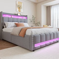 Lit coffre 140x200 cm - Lit double en lin gris clair avec LED intégrée, ports USB et rangement hydraulique - Sans matelas>Okwish Sale
