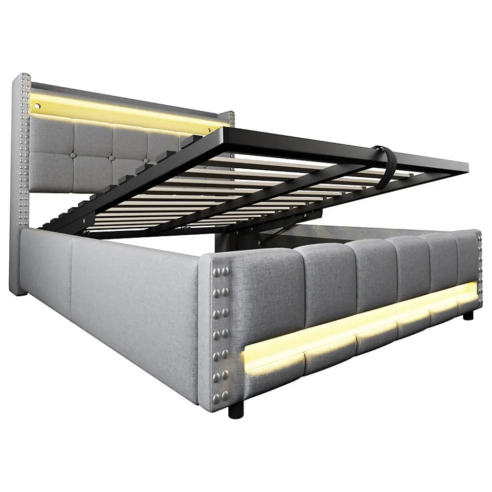 Lit coffre 140x200 cm - Lit double en lin gris clair avec LED intégrée, ports USB et rangement hydraulique - Sans matelas>Okwish Sale