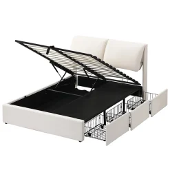 Okwish Lit coffre 140x200 cm - lit double capitonné élégant en velours avec 3 tiroirs et rangement hydraulique - blanc - sans matelas* Lit Coffre