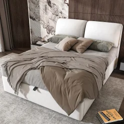 Okwish Lit coffre 140x200 cm - lit double capitonné élégant en velours avec 3 tiroirs et rangement hydraulique - blanc - sans matelas* Lit Coffre