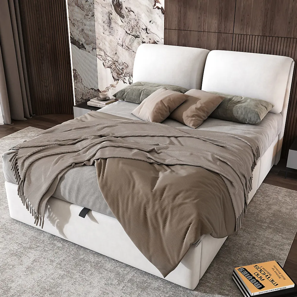 Okwish Lit coffre 140x200 cm - lit double capitonné élégant en velours avec 3 tiroirs et rangement hydraulique - blanc - sans matelas* Lit Coffre
