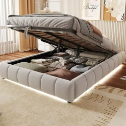 Lit Coffre 140x200 cm - Lit Double avec Rangement Intégré et Éclairage LED - Sans Matelas, Velours Beige>Okwish Sale
