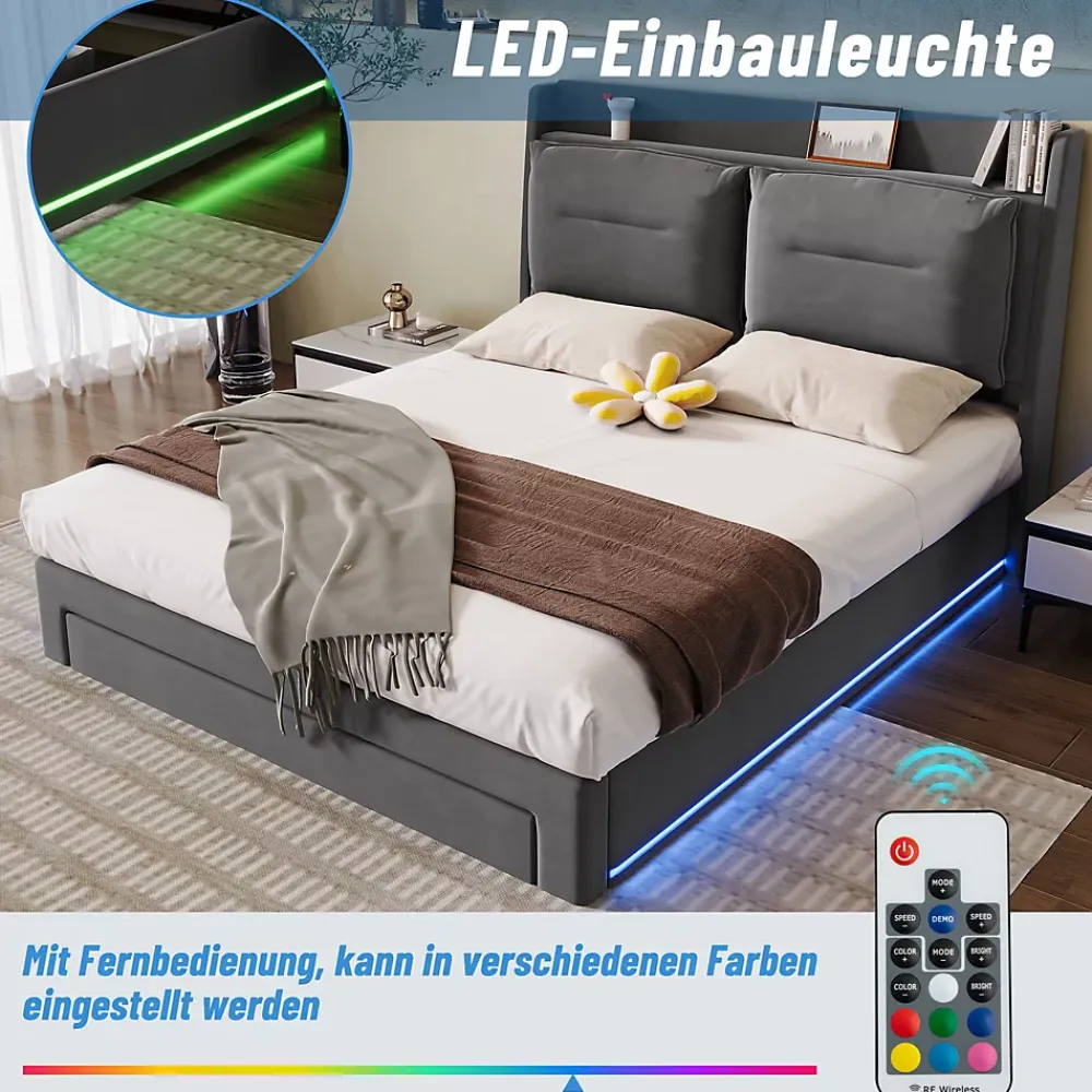 Generique Lit coffre 180x200 cm - Lit Double Capitonné avec Tiroirs et Éclairage LED - Velours - Sans Matelas - Gris* Lit Coffre