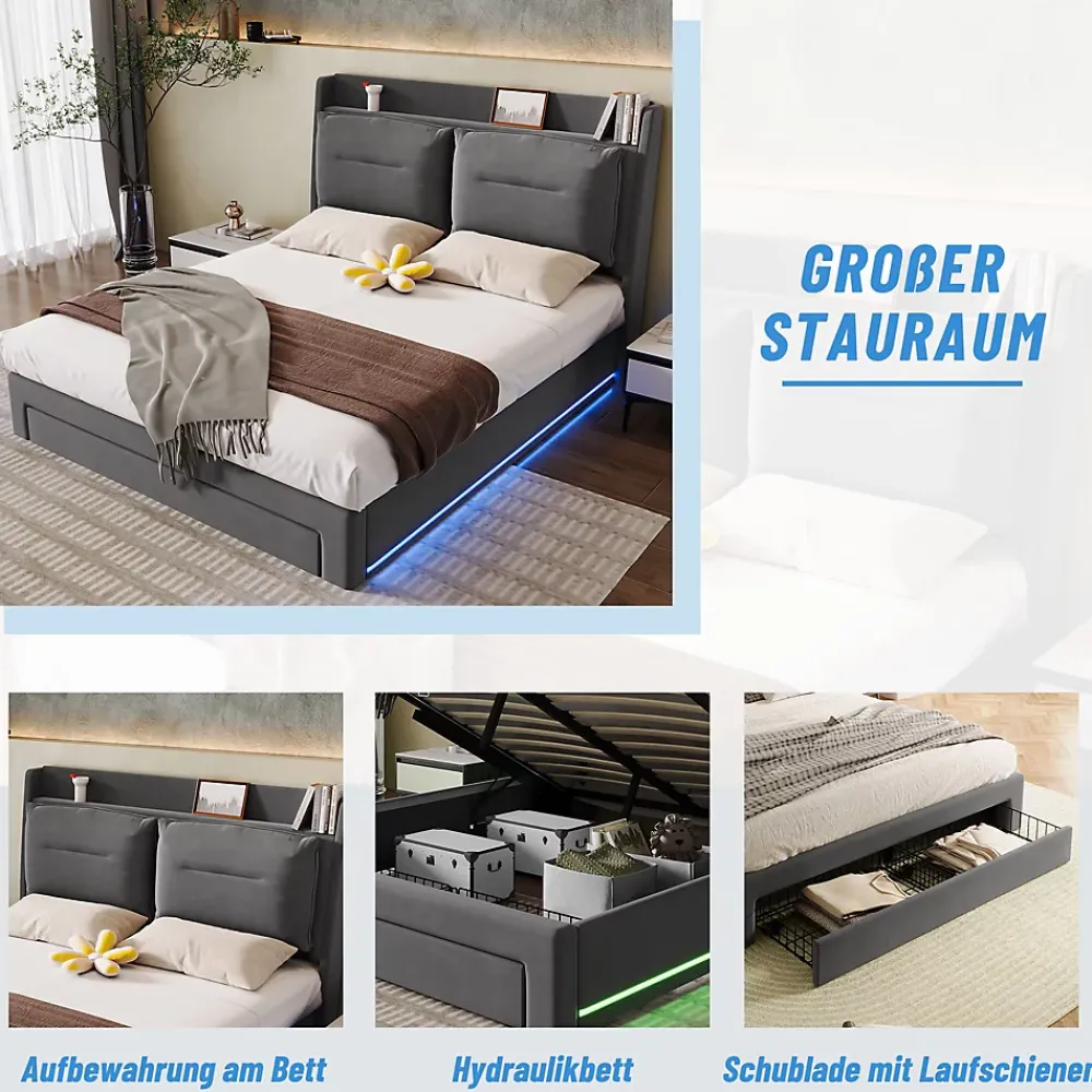 Generique Lit coffre 180x200 cm - Lit Double Capitonné avec Tiroirs et Éclairage LED - Velours - Sans Matelas - Gris* Lit Coffre