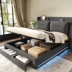 Generique Lit coffre 180x200 cm - Lit Double Capitonné avec Tiroirs et Éclairage LED - Velours - Sans Matelas - Gris* Lit Coffre
