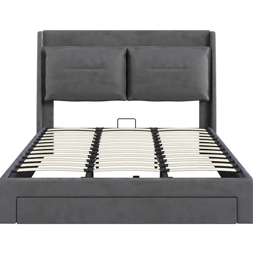 Generique Lit coffre 180x200 cm - Lit Double Capitonné avec Tiroirs et Éclairage LED - Velours - Sans Matelas - Gris* Lit Coffre